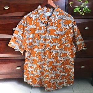 Safari Cheetah Zebra Print Short Sleeve Orange Button Up